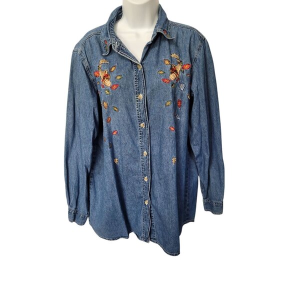 Bobbie Brooks Tops - Bobbie Brooks Woman Size 14/16 Chambray Fall Embroidered Long Sleeve Blouse